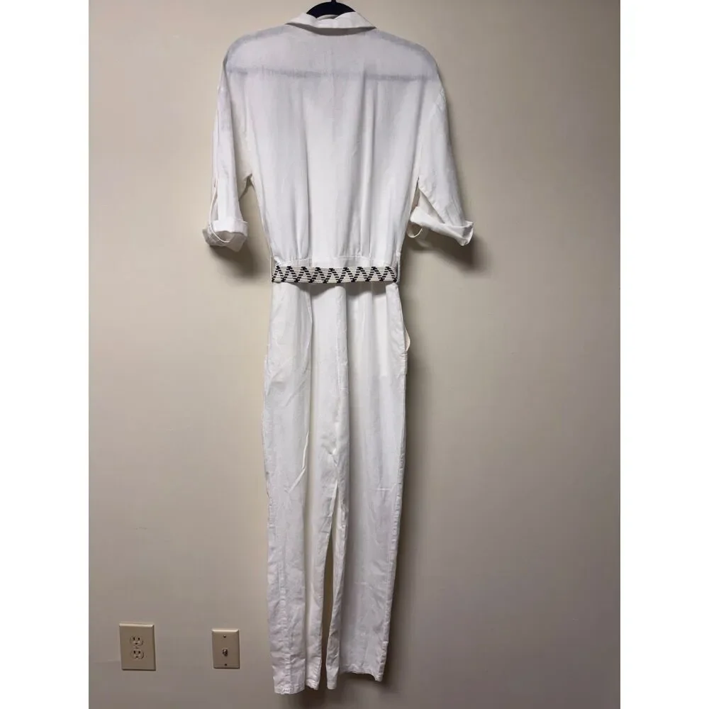 NWOT - ZARA Linen/Cotton Blend Belted Jumpsuit, Zip Fly, Roll Tab Sleeves, Sz S